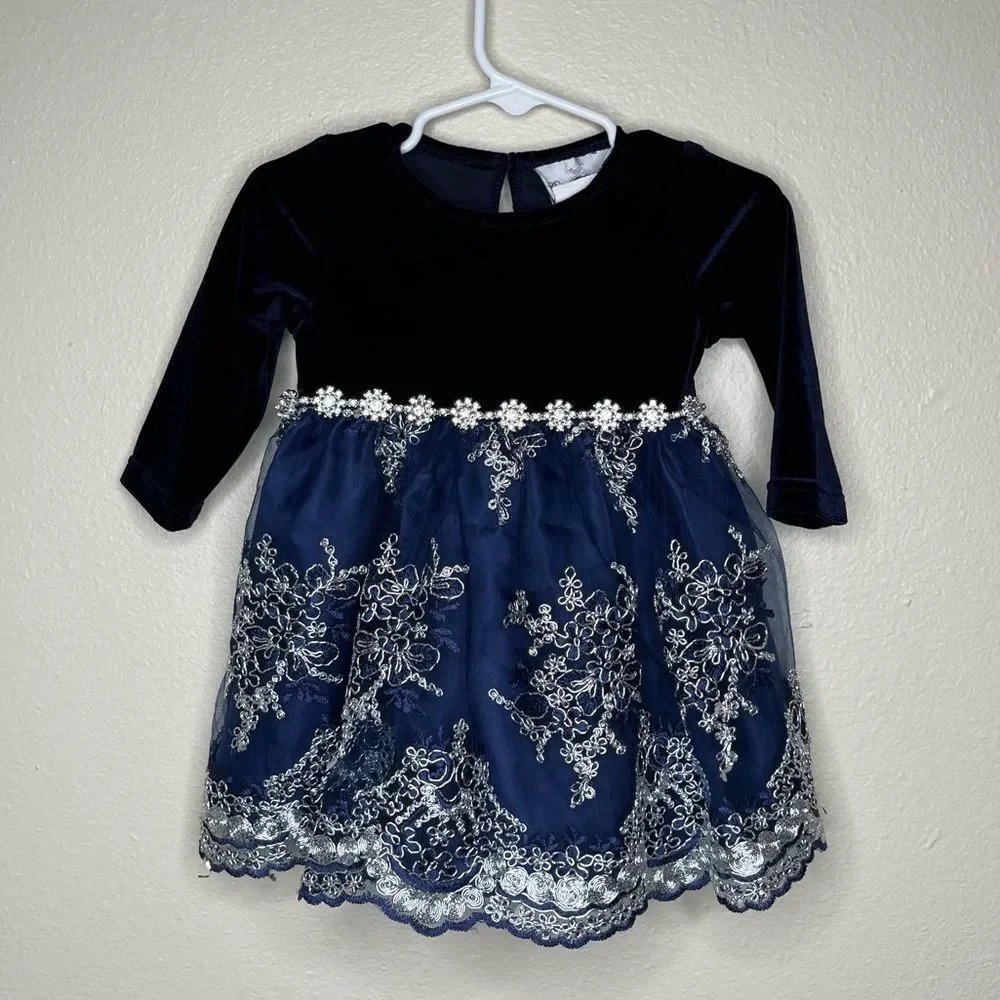 Rare Editions Navy Blue Velvet Lace Rhinestone Dress Bottom Set Girls 6-9 Months